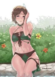 Rule 34 | 1girl, bikini, blue eyes, blush, breasts, brown hair, circlet, cleavage cutout, clothing cutout, day, doodletofuu, feather hair ornament, fire emblem, fire emblem awakening, fire emblem heroes, flower, green bikini, hair ornament, hand in own hair, highres, medium breasts, nintendo, noire (fire emblem), parted lips, red flower, short hair, sitting, solo, swimsuit, twitter username, two-tone bikini, yellow flower