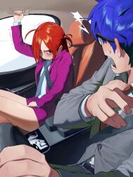 Rule 34 | 1boy, 1girl, ahoge, blue eyes, blue hair, car interior, covering privates, covering crotch, formal, glasses, hand on own crotch, have to pee, highres, long hair, necktie, original, red hair, skirt, some1else45, suit, trembling