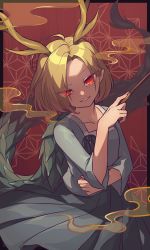 Rule 34 | 1girl, absurdres, antlers, blonde hair, blue shirt, blue skirt, commentary request, dragon horns, dragon tail, fingernails, grin, hand up, highres, holding, holding smoking pipe, horns, kicchou yachie, kiseru, kozakura (dictionary), long fingernails, looking at viewer, pointy ears, red background, red eyes, shirt, short hair, skirt, slit pupils, smile, smoke, smoking pipe, solo, tail, touhou, turtle shell, upper body