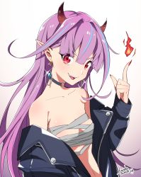 Rule 34 | 1girl, bare shoulders, black jacket, blue hair, breasts, choker, fingernails, fire, highres, jacket, long fingernails, looking at viewer, multicolored hair, nail polish, open mouth, original, pointy ears, ponkichi (hazama senkonmeiraku), purple hair, red eyes, red nails, sarashi, small breasts, solo, streaked hair, teeth, upper body, upper teeth only, white background