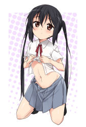 Rule 34 | 1girl, black hair, brown eyes, clothes lift, highres, k-on!, long hair, mousou (mousou temporary), nakano azusa, navel, no panties, school uniform, shirt lift, solo, twintails