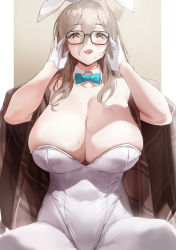 Rule 34 | 1girl, akane (blue archive), akane (bunny) (blue archive), animal ears, bare shoulders, blonde hair, blue archive, blue eyes, blush, breasts, cleavage, commentary request, detached collar, fake animal ears, glasses, gloves, halo, highleg, highleg leotard, huge breasts, ikuchan kaoru, leotard, long hair, looking at viewer, pantyhose, playboy bunny, rabbit ears, shawl, smile, solo, strapless, strapless leotard, tongue, tongue out, white gloves, white leotard, white pantyhose