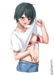 Rule 34 | 1girl, alternate costume, bikini, bikini under clothes, black hair, blush, breasts, brown eyes, clothes lift, collarbone, ebifurya, hair between eyes, highres, kantai collection, lifted by self, looking at viewer, mogami (kancolle), navel, open mouth, red bikini, shirt, shirt lift, short hair, shorts, simple background, small breasts, solo, swimsuit, swimsuit under clothes, white background