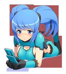 Rule 34 | 1girl, blue eyes, blue hair, blush, breasts, cellphone, cosmic break, gloves, lily rain, lying, matching hair/eyes, on stomach, phone, sideboob, solo, tears, twintails, wakaba sprout