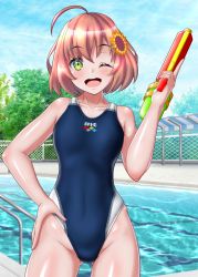 Rule 34 | 1girl, ahoge, black one-piece swimsuit, blue sky, brown hair, chain-link fence, cloud, collarbone, commentary request, competition swimsuit, contrapposto, day, fence, flat chest, flower, gluteal fold, green eyes, hair flower, hair ornament, hand on own hip, highres, honma himawari, logo, looking at viewer, medium hair, nijisanji, one-piece swimsuit, open mouth, outdoors, pool, poolside, round teeth, shed, short hair, sky, smile, solo, sunflower, sunflower hair ornament, swimsuit, teeth, tree, upper teeth only, virtual youtuber, water, water gun, yurizuku owl