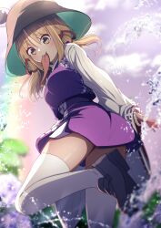 Rule 34 | 1girl, :p, absurdres, ass, black footwear, blonde hair, blurry, blush, breasts, brown hat, cloud, commentary request, darumoon, depth of field, flower, from behind, hair ribbon, hat, high-waist skirt, highres, horizontal pupils, hydrangea, large breasts, leg up, light blush, loafers, long tongue, looking at viewer, looking back, looking down, medium hair, miniskirt, moriya suwako, outdoors, parted bangs, purple flower, purple skirt, purple vest, red ribbon, ribbon, shirt, shoes, skirt, skirt set, sky, smile, solo, standing, thighhighs, thighs, tongue, tongue out, touhou, vest, water, white shirt, white thighhighs, wide sleeves, yellow eyes
