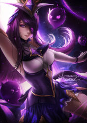 Rule 34 | &gt; &lt;, 1girl, :3, arm up, axsen, breasts, cleavage, elbow gloves, eyepatch, gloves, hair ornament, league of legends, lips, long hair, magical girl, medium breasts, miniskirt, purple eyes, purple hair, signature, skirt, smile, solo, star guardian (league of legends), star guardian syndra, syndra, watermark, web address