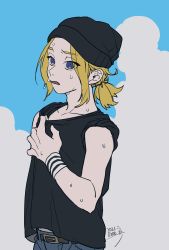 Rule 34 | 1boy, a&#039;he (the legend of luoxiaohei), beanie, belt, black hat, black shirt, blonde hair, blouse, blue eyes, blue pants, dated, drruraguchi, eyes visible through hair, hand up, hat, highres, luo xiaohei zhanji, pants, parted lips, shirt, sleeveless, sleeveless shirt, solo, sweat, upper body