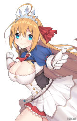 Rule 34 | 1girl, ahoge, artist name, ascot, blue eyes, blurry, blurry background, blush, braid, breasts, cleavage, closed mouth, commentary request, cowboy shot, dress, frills, from side, gloves, hair ornament, hair ribbon, hands up, large breasts, lixiao lang, long hair, looking at viewer, o-ring, o-ring bottom, orange hair, outstretched arms, pecorine (princess connect!), pleated skirt, princess connect!, puffy short sleeves, puffy sleeves, red ascot, red ribbon, red skirt, ribbon, short sleeves, side braid, simple background, single braid, skirt, smile, solo, tiara, very long hair, white background, white gloves