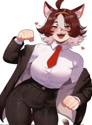 Rule 34 | 1girl, animal ears, blush, brown hair, business suit, collared shirt, formal, highres, lastofrabbit, looking at viewer, office lady, open mouth, original, shirt, short hair, simple background, smile, solo, standing, suit, thighhighs, white background