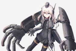 Rule 34 | 10s, 1girl, alternate eye color, beize (garbage), blonde hair, covered navel, cowboy shot, cropped jacket, garrison cap, grey eyes, gun, hair between eyes, hat, holding, holding gun, holding weapon, kantai collection, long hair, long sleeves, looking at viewer, machinery, mechanical arms, military, military uniform, pantyhose, puffy long sleeves, puffy sleeves, simple background, solo, u-511 (kancolle), uniform, weapon