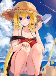 Rule 34 | 1girl, aircraft, airplane, bare legs, bare shoulders, bikini, blonde hair, blue eyes, blue sky, bow, bowtie, braid, breasts, cameltoe, cleavage, closed mouth, cloud, collarbone, contrail, day, dot nose, flag, fuji sakura, hair ornament, hand on own knee, hat, highres, holding, holding shovel, lens flare, light blush, light particles, long hair, looking at viewer, medium breasts, ocean, original, outdoors, panties, pantyshot, red bikini, red bow, red bowtie, sand castle, sand sculpture, shovel, single braid, sky, smile, solo, squatting, straw hat, swimsuit, thighs, twitter username, underwear, white panties