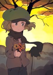 Rule 34 | 1boy, be (ronironibebe), blonde hair, blue eyes, bouquet, cabbie hat, flower, grave, graveyard, hat, holding, holding bouquet, jacket, orange sky, phillip pirrup, scarf, short hair, sky, solo, south park, tombstone, tree