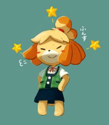 Rule 34 | 1girl, animal crossing, animal ears, animal nose, aqua background, barefoot, blonde hair, blue skirt, blush, blush stickers, body fur, closed eyes, closed mouth, dog ears, dog girl, dog tail, female focus, flat chest, full body, furry, furry female, green vest, hair tie, hands on own hips, happy, isabelle (animal crossing), japanese text, kagehito (hitokage22), miniskirt, neck ribbon, nintendo, pencil skirt, plaid, plaid vest, puff of air, red ribbon, ribbon, shirt, short hair, short sleeves, simple background, skirt, smile, smug, solo, standing, star (symbol), tail, topknot, translation request, vest, white shirt, yellow fur