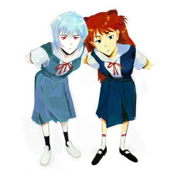 2girls ayanami_rei benadieshekiel blue_eyes blue_hair bow hairpods highres multiple_girls neon_genesis_evangelion orange_hair red_bow red_eyes school_uniform souryuu_asuka_langley tokyo-3_middle_school_uniform