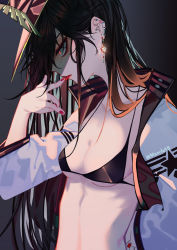 Rule 34 | 1girl, bikini, black bikini, black hair, breasts, cleavage, ear piercing, earrings, fate/grand order, fate (series), hand on own hip, hat, jacket, jewelry, long hair, march ab, nail polish, oda nobunaga (fate), oda nobunaga (fate), oda nobunaga (koha-ace), oda nobunaga (swimsuit berserker) (fate), piercing, red eyes, red nails, solo, swimsuit, tongue, tongue out, very long hair