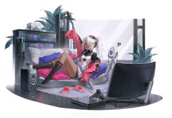 1girl absurdres anti-materiel_rifle arm_up black_hairband black_socks black_sweater bolt_action bookshelf closed_eyes coffee_mug couch cup dark-skinned_female dark_skin electric_fan eyepatch feet full_body girls&#039;_frontline gun hair_between_eyes hair_ornament hairband hairclip highres holding holding_gun holding_weapon hs.50_(girls&#039;_frontline) hs.50_(how_to_train_a_gamer)_(girls&#039;_frontline) jacket jewelry long_hair long_sleeves lying monitor mug necklace no_shoes non-humanoid_robot off_shoulder official_alternate_costume official_art open_mouth overall_shorts overalls pink_footwear pink_jacket plant potted_plant rifle robot sawamaharu ship_in_a_bottle simple_background sleeves_past_fingers sleeves_past_wrists slippers smile sniper_rifle socks solo speaker squiggle steyr_hs_.50 sweater teeth third-party_source turtleneck turtleneck_sweater twintails unworn_slippers upper_teeth_only weapon weibo_logo weibo_watermark white_background white_hair white_overalls window wire