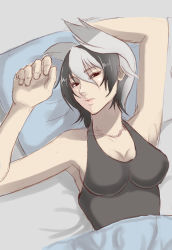 Rule 34 | 1girl, absurdres, alternate costume, armpits, arms up, black eyes, black hair, breasts, cleavage, grey hair, highres, looking at viewer, lying, made in abyss, medium breasts, multicolored hair, on back, ozen, parted lips, short hair, sideboob, sketch, solo, ta-chun, tank top, under covers, upper body