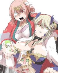 Rule 34 | 3girls, aged down, artoria pendragon (fate), artoria pendragon (lancer alter) (fate), artoria pendragon (lancer alter) (ox-demon king) (fate), bandage over one eye, blonde hair, bottle, breasts, commentary request, fate/grand order, fate (series), florence nightingale (divine princess of the storm) (fate), florence nightingale (fate), green eyes, hair between eyes, horns, large breasts, mita (matsuri68), mordred (fate), mordred (fate/apocrypha), mordred (true samadhi fire) (fate), multiple girls, open mouth, pink hair, red eyes, shaded face, spray bottle, sweat, upper body, white background, yellow eyes