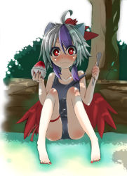 Rule 34 | 1girl, ahoge, alternate costume, bad feet, bad id, bad pixiv id, bare legs, bird wings, blue hair, blush, collarbone, feet, female focus, food, horns, hzl, low wings, nail polish, off shoulder, oshino hazure, red eyes, shaved ice, short hair, silver hair, single horn, sitting, solo, spoon, strap slip, tokiko (touhou), touhou, wavy mouth, wings