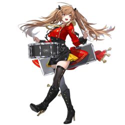 Rule 34 | 1girl, black bow, black dress, black footwear, black thighhighs, blush, boots, bow, breasts, brown hair, dress, drum, drumsticks, english text, girls&#039; frontline, hair bow, high heel boots, high heels, holding, holding drumsticks, holding instrument, instrument, jacket, long hair, looking away, marching band, official alternate costume, official art, open mouth, red eyes, red jacket, scar, scar across eye, scar on face, smile, snare drum, solo, standing, starshadowmagician, tape, thighhighs, transparent background, twintails, ump9 (bolero dance bird) (girls&#039; frontline), ump9 (girls&#039; frontline), uniform, walking, weapon case