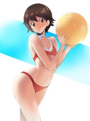 Rule 34 | 10s, 1girl, :o, arched back, ball, bare shoulders, beachball, bikini, blue background, blush, brown eyes, brown hair, chestnut mouth, cleavage cutout, clothing cutout, collarbone, commentary request, fingernails, flat chest, girls und panzer, groin, hair between eyes, highres, isobe noriko, looking at viewer, navel, raised eyebrows, red bikini, sasaki tatsuya, short hair, solo, standing, stomach, swimsuit, thighs, wet, white background