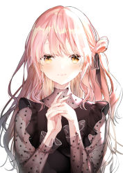 Rule 34 | 1girl, black ribbon, black shirt, blush, brown eyes, closed mouth, commentary request, hair bun, hair ribbon, highres, long hair, long sleeves, looking at viewer, original, own hands together, pink hair, ribbon, sakippo (sakippo0), see-through, see-through sleeves, shirt, side bun, single hair bun, single side bun, smile, solo, star (symbol), star print, upper body