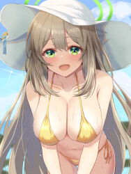 Rule 34 | 1girl, :d, bikini, blonde hair, blue archive, blue sky, blush, breasts, cloud, collarbone, day, green eyes, habu rin, halo, hat, highres, large breasts, leaning forward, light brown hair, long hair, navel, nonomi (blue archive), nonomi (swimsuit) (blue archive), open mouth, outdoors, sky, smile, solo, stomach, sun hat, swimsuit, very long hair, wet, white hat, yellow bikini