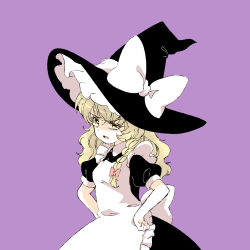 Rule 34 | 1girl, apron, black dress, black hat, blonde hair, bow, braid, commentary request, dress, hair bow, hands on own hips, hat, hat bow, highres, kirisame marisa, long hair, mellow, open mouth, purple background, red bow, short sleeves, simple background, single braid, solo, touhou, upper body, white bow, witch hat, yurigaoka nayuki