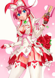 Rule 34 | 1girl, ahoge, akito, arc system works, blue eyes, blush, bouquet, breasts, bridal veil, cleavage, cleavage cutout, clothing cutout, clover, dress, earrings, elphelt valentine, female focus, flower, four-leaf clover, garter straps, gloves, guilty gear, guilty gear xrd, gun, handgun, hat, jewelry, large breasts, looking at viewer, panties, pantyshot, parted lips, pink hair, pink panties, pistol, red flower, red rose, ribbon, rose, shiny skin, short hair, solo, spikes, thighhighs, underwear, veil, weapon, wedding dress, white dress, white thighhighs