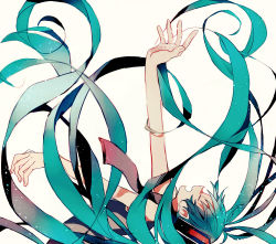 Rule 34 | 1girl, bad id, bad pixiv id, closed eyes, falling, fuyusuke, fuyusuke (hz+), green hair, hatsune miku, headphones, highres, long hair, necktie, open mouth, solo, twintails, very long hair, vocaloid