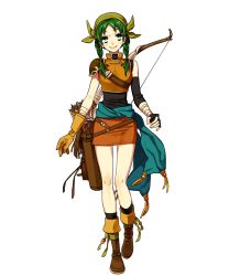 Rule 34 | 1girl, armor, arrow (projectile), bandana, black legwear, bow (weapon), fingerless gloves, fire emblem, fire emblem: the blazing blade, fire emblem heroes, full body, gloves, green eyes, green hair, highres, hoshino lily, looking at viewer, miniskirt, nintendo, official art, quiver, rebecca (fire emblem), short twintails, shoulder armor, skirt, sleeveless, smile, solo, transparent background, twintails, weapon