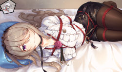 Rule 34 | 2girls, bdsm, black legwear, bondage, bound, breasts, brown hair, collarbone, commentary request, crotch rope, eyes visible through hair, flower, frilled shirt, frills, hair over one eye, highres, honkai (series), honkai impact 3rd, large breasts, leash, long hair, looking at viewer, lying, mole, mole under eye, multiple girls, official alternate costume, on side, pantyhose, red eyes, red flower, red rose, restrained, rita rossweisse, rita rossweisse (fallen rosemary), rose, shibari, shirt, theresa apocalypse, zhuge kongming (honkai impact), thighs, yiduan zhu, zhuge kongming (honkai impact)