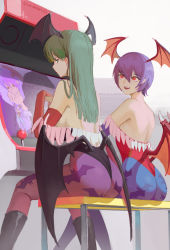 Rule 34 | 2girls, animal print, arcade cabinet, ass, back, backless outfit, bare shoulders, bat print, bat wings, bench, black leotard, blue pantyhose, breasts, darr1o, demon girl, feet out of frame, gloves, green eyes, green hair, hair between eyes, head wings, leotard, lilith aensland, long hair, low wings, morrigan aensland, multiple girls, no pupils, pantyhose, print legwear, print pantyhose, purple gloves, purple hair, purple legwear, red eyes, red gloves, red leotard, short hair, sideboob, sitting, vampire (game), wings