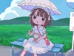Rule 34 | 1girl, 1nupool, bench, blush stickers, brown eyes, brown hair, bus stop sign, commentary, day, dress, frilled hairband, frills, grass, hairband, highres, medium hair, original, outdoors, parasol, sitting, solo, thermos, umbrella, white dress