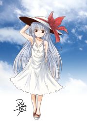 Rule 34 | 1girl, alternate costume, black eyes, blue sky, cloud, cloudy sky, collarbone, dress, hair between eyes, hat, hat ribbon, hibiki (kancolle), jewelry, kantai collection, long hair, necklace, red ribbon, ribbon, signature, silver hair, sky, sleeveless, sleeveless dress, solo, white dress, white footwear, white hat, yua (checkmate)