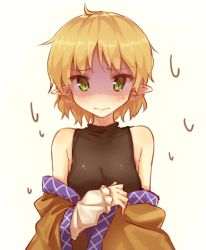 Rule 34 | 1girl, bad id, bad pixiv id, bare shoulders, blonde hair, breasts, green eyes, looking at viewer, mizuhashi parsee, off shoulder, shaded face, shirt, shnva, short hair, simple background, sleeveless, sleeveless turtleneck, solo, touhou, turtleneck, undressing, upper body, white background