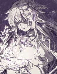 Rule 34 | 1girl, arch bishop (ragnarok online), artist name, closed eyes, commentary, cross, dated, dress, flower, greyscale, hair flower, hair ornament, juliet sleeves, leaf, lips, long hair, long sleeves, monochrome, open mouth, palms, pointy ears, puffy sleeves, ragnarok online, solo, symbol-only commentary, tokio (okt0w0), upper body