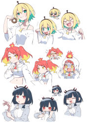 Rule 34 | &gt; &lt;, 3girls, :d, amano pikamee, arm behind head, black hair, black hairband, blonde hair, blunt bangs, blush, breasts, burnt clothes, chibi, clenched teeth, closed eyes, closed mouth, commentary request, crop top, cropped torso, crying, crying with eyes open, doughnut, drawstring, flying sweatdrops, food, green eyes, green hair, grin, hair between eyes, hairband, hand up, heart, heart in mouth, highres, hikasa tomoshika, holding, holding food, holding pencil, hood, hood down, hood up, hoodie, jacket, jitomi monoe, magnet, medium breasts, multicolored hair, multiple girls, nail polish, navel, off-shoulder shirt, off shoulder, open mouth, pencil, red eyes, red hair, sharp teeth, shirt, simple background, sleeves past wrists, small breasts, smile, streaming tears, sumiya nadateru, sunglasses, tears, teeth, twintails, two-tone hair, virtual youtuber, voms, white background, white hoodie, white jacket, white shirt, xd, yellow eyes, zipper pull tab