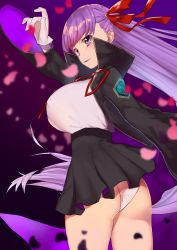 Rule 34 | 10s, absurdres, ass, bb (fate), bb (fate/extra), black jacket, breasts, fate/extra, fate/grand order, fate (series), gloves, hair ribbon, high-waist skirt, highres, jacket, kana (peropepero), large breasts, long hair, long sleeves, looking at viewer, looking back, microskirt, open clothes, open jacket, panties, pantyshot, parted lips, petals, popped collar, purple eyes, purple hair, red ribbon, ribbon, shirt, skirt, smile, standing, underwear, very long hair, white gloves, white panties, white shirt, wide sleeves