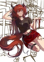 Rule 34 | 1girl, absurdres, arknights, arm behind head, arm up, belt, black belt, black choker, black shirt, chinese commentary, choker, collarbone, commentary request, crop top, feet out of frame, hand up, highres, long hair, looking at viewer, midriff, miniskirt, one side up, pencil skirt, purple eyes, red hair, red skirt, shirt, short sleeves, skirt, smile, solo, stomach, surtr (arknights), surtr (liberte echec) (arknights), thigh strap, thighs, very long hair, zhanggehanghangbuxing
