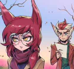 Rule 34 | 1boy, 1girl, alternate costume, autumn, bare tree, bespectacled, blonde hair, brown jacket, glasses, green shirt, holding, holding paper, jacket, league of legends, long hair, open clothes, open jacket, outdoors, pants, paper, phantom ix row, rakan (league of legends), red hair, red scarf, round eyewear, scarf, shirt, shirt partially tucked in, sweatdrop, tree, xayah