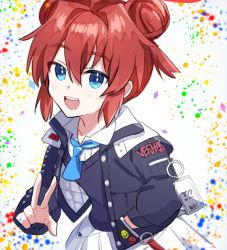 Rule 34 | 1girl, :d, ahoge, badge, blue archive, blue eyes, blue necktie, double bun, hair bun, hand in pocket, highres, id card, jacket, light blush, long sleeves, looking at viewer, maki (blue archive), mikakunin, multicolored background, necktie, open mouth, short hair, skirt, smile, smiley face, solo, sweater vest, w