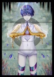 Rule 34 | 1other, androgynous, blue eyes, blue hair, colored skin, copyright name, crystal hair, glowing, glowing hair, golden arms, heterochromia, highres, houseki no kuni, looking at viewer, melting, necktie, phosphophyllite, phosphophyllite (ll), sad, shards, short hair, solo, spoilers, white eyes, white skin