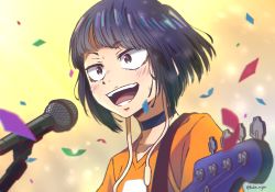 1girl :d blue_hair blush boku_no_hero_academia choker commentary confetti english_commentary guitar happy highres holding holding_instrument instrument jirou_kyouka kukie-nyan microphone music open_mouth orange_shirt portrait shirt short_hair shoulder_strap singing smile solo sweat teeth