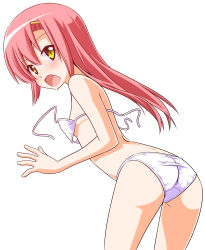 Rule 34 | 1girl, ass, bikini, blush, breasts, commentary request, flat chest, hair between eyes, hata kenjirou, hayate no gotoku!, highres, katsura hinagiku, looking at viewer, open mouth, pink hair, simple background, small breasts, solo, split mouth, standing, swimsuit, untied bikini, white background, white bikini