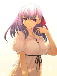 Rule 34 | 1girl, black ribbon, blurry, blush, breasts, closed mouth, dress, fate/stay night, fate (series), gradient background, hair ribbon, hand up, long hair, looking at viewer, matou sakura, medium breasts, mgk968, official alternate costume, puffy short sleeves, puffy sleeves, purple eyes, purple hair, red ribbon, ribbon, short sleeves, smile, solo, tareme, twitter username, upper body, white dress, yellow background