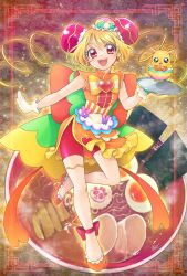 Rule 34 | 1girl, :d, aizen (syoshiyuki), ankle bow, ankle ribbon, apron, back bow, bare arms, bare legs, bike shorts, blonde hair, bow, brooch, bun cover, creature, cure yum-yum, delicious party precure, double bun, dress, drill hair, dumpling, earrings, egg (food), food, frilled dress, frills, full body, gloves, hair bun, hanamichi ran, heart, heart brooch, highres, holding, holding tray, huge bow, jewelry, jiaozi, kamaboko, leg ribbon, long hair, looking at viewer, magical girl, mem-mem (precure), narutomaki, noodles, nori (seaweed), open mouth, orange bow, orange dress, orange footwear, pink bow, precure, purple bow, ramen, red eyes, red shorts, ribbon, shoes, short dress, shorts, shorts under skirt, smile, standing, standing on one leg, steam, striped, striped bow, thighlet, tray, twin drills, white gloves, yellow bow