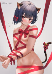 Rule 34 | 1girl, :o, absurdres, animal ears, bare shoulders, bdsm, bell, black hair, blunt bangs, blush, bondage, bound, bound arms, bow, breasts, cat ears, cat tail, collarbone, cowboy shot, ebihurai, flying sweatdrops, grey background, groin, hair bow, heart, heart-shaped pupils, highres, idolmaster, idolmaster shiny colors, jingle bell, kemonomimi mode, looking at viewer, morino rinze, naked ribbon, navel, parted lips, red bow, red eyes, ribbon, ribbon bondage, short hair, simple background, small breasts, solo, stomach, symbol-shaped pupils, tail, tail bow, tail ornament