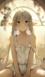 Rule 34 | 1girl, absurdres, ahoge, bare shoulders, blurry, blurry background, chestnut mouth, commentary, earrings, elf, english commentary, film grain, flat chest, frieren, green eyes, grey hair, highres, indoors, jewelry, kikiis art, long hair, long pointy ears, looking at viewer, parted bangs, parted lips, pointy ears, shirt, short eyebrows, short shorts, shorts, sitting, sleeveless, sleeveless shirt, solo, sousou no frieren, strap slip, thick eyebrows, twitter username, unkempt, v arms, very long hair, white shirt, white shorts